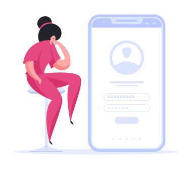 Pensive woman using social media. Flat vector illustration clipart