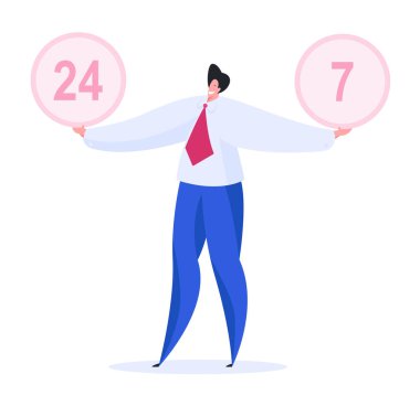 Mutlu modern iş adamı haftanın 7 günü 24 saat çalışıyor. Düz vektör illüstrasyonu