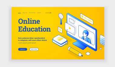 İzometrik simgelerle modern çevrimiçi eğitim kaynağı şablonu