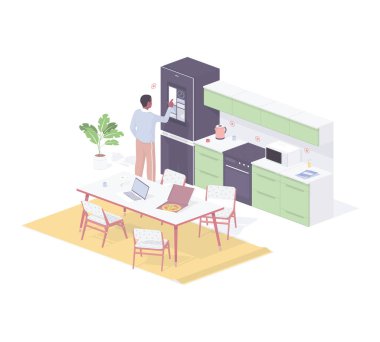 Customizer programming smart home kitchen isometric vector. Male character conducts final testing household equipment. clipart