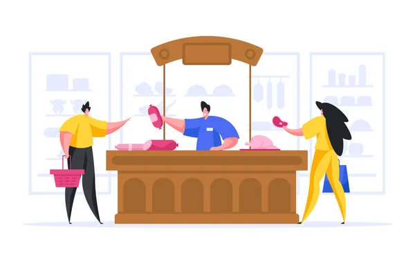 Gente moderna comprando carne en la tienda de comestibles — Vector de stock