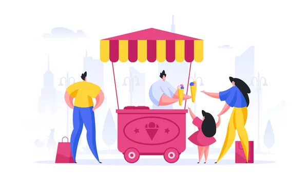 Les gens qui achètent de la crème glacée chez le vendeur dans la rue — Image vectorielle