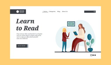 Okumayı öğren. Evde eğitim, evde eğitim. Web sitesi iniş sayfası şablonu. Kitaplı çağdaş anne tabureye oturup kızının ödevlerini okumasını dinliyor.
