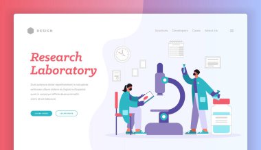 Araştırma laboratuarı. Modern laboratuvarda aşı üzerinde çalışırken mikroskop yakınındaki verileri ve örnekleri inceleyen maskeli kadın ve erkeğin vektör çizimi. Web sitesi pankartı iniş sayfası şablonu