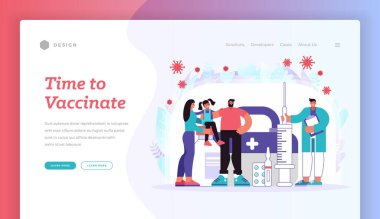 Aşı zamanı. Çizgi film karakterleri mutlu anne babalar ve kız çocukları ve aşı şırıngası ile koronavirüs mikroplarından korunan erkek tıp doktoru. Web sitesi pankartı iniş sayfası şablonu