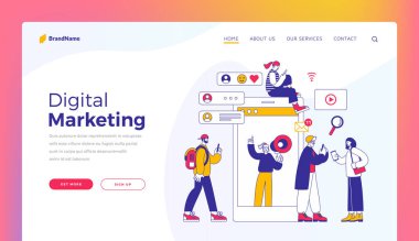 Dijital pazarlama. Web sitesi iniş sayfası şablonu. Sosyal medyada gezinen ve akıllı telefonun yanında hoparlörlü müdürle reklamları izleyen kadın ve erkeklerin vektör illüstrasyonu