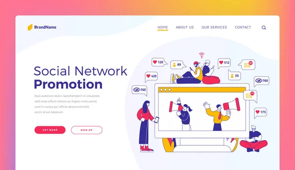 ソーシャルネットワークのプロモーション ランディングページテンプレート 男性と女性のベクトル図は プロモーションキャンペーン中に発表を行うメガホンを持つ管理者とモニターの近くのソーシャルメディアを閲覧 — ストックベクタ