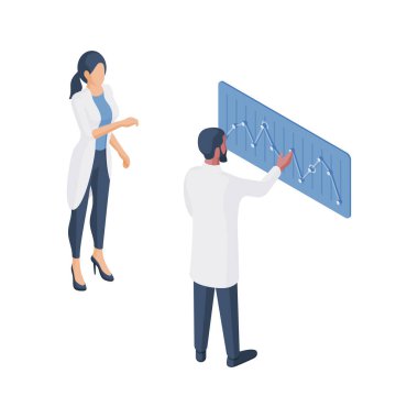 Çizgi film bilimcileri verileri grafikte analiz ediyorlar. İzometrik illüstrasyon