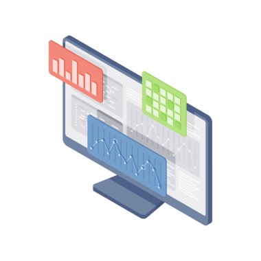 Çizelgeli bilgisayar monitörü. İzometrik illüstrasyon