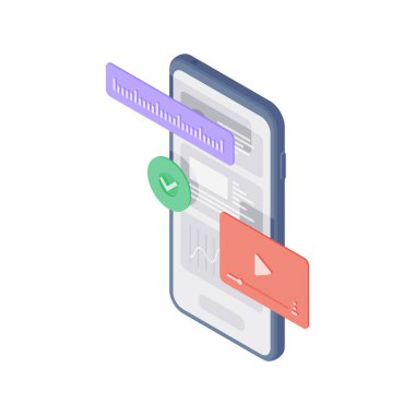 Sesli mesaj düğmeli çizgi film akıllı telefonu. İzometrik illüstrasyon