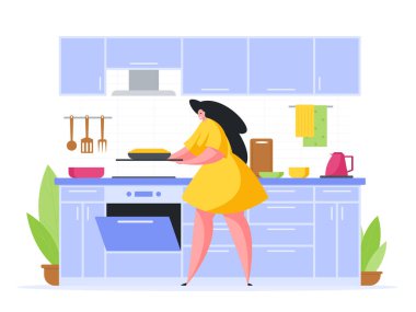 Kadın evde yemek pişiriyor. Çizgi film çizimleri yapıyor. Sarı elbiseli, gülümseyen kadın karakter açık fırına turta koyar..