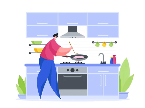 Man in de keuken bereiden biefstuk vector illustratie cartoon. Man karakter houdt koekenpan en flipt zalm chop. — Stockvector