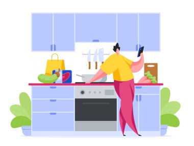Mutfaktaki adam akıllı telefon çizgi film çizimlerinde abur cubur tarifi okuyor. Egzotik salata hazırlayan erkek karakter çalışmaları. Mutfak masasının üstünde süpermarketten malzemeler var..