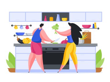 Düz vektör çiziminde birlikte yemek pişirmek. Erkek ve kadın karakterler salata doğruyor ve abur cubur yapıyor. Mutfak masasında sebze malzemeleri var. Keyfi yerinde aile yemekleri..