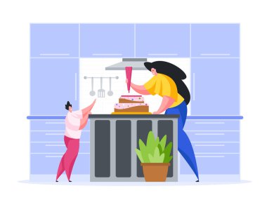 Çocuklu kadın, çizgi film çizim vektöründe doğum günü pastası yapıyor. Kırmızı pasta tüplü kadın karakter kek kremini süslüyor. Çocuk masaya uzanır ve bir parça kapmaya çalışır. Ev yapımı tatlı.