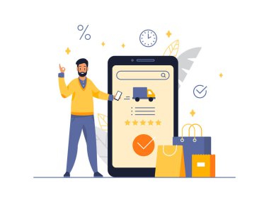 Genç adam çizgi film karakteri taşınabilir uygulama kullanarak bir çevrimiçi mağazadan mal siparişi veriyor. Alıcı verilen hizmetle ilgili geri bildirim bırakır. Düz vektör illüstrasyonu