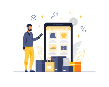 Günlük giysiler içindeki genç adam çizgi film karakteri, online bir erkek giysi ve aksesuar mağazasının mobil uygulamasını kullanarak satın almayı banka kartıyla ödüyor. Düz vektör illüstrasyonu