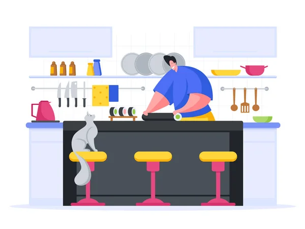 寿司ロール漫画のベクトルイラストを作るシェフ 青い制服を着たローリングピース寿司のキッチンの男性キャラクター 椅子の上で灰色の猫は食欲をそそるために物乞いをしようとしています おいしいエキゾチックなスナック — ストックベクタ