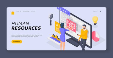 İnsan Kaynakları İniş Sayfası tempate. Uzman yöneticiler verilerle çalışıyorlar. İzometrik vektör çizimi. Bilgisayar ekranında sanal klavyede yazan akıllı telefon kadını kullanan adam
