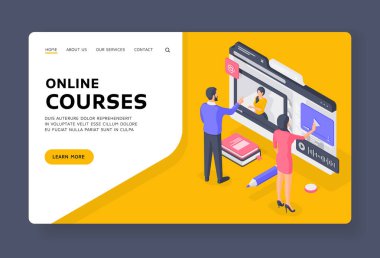 Online kurslar iniş sayfası şablonu. İnternet üzerinden internet reklamcılığı pankartıyla internet üzerinden öğrenirken kadın ve erkek videolar izliyor.