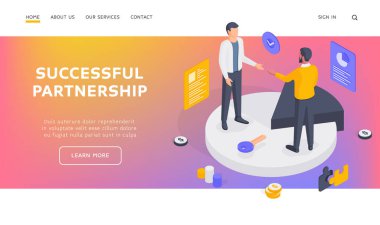 Başarılı ortaklık afişi şablonu. Erkek iş ortakları anlaşma yapıyor. Erkekler anahtarla çizelgede dururken el sıkışıyorlar ve başarılı bir ortaklığı temsil ediyorlar. İzometrik illüstrasyon