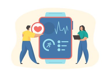 Akıllı saat uygulama geliştirme. Spor ve spor izleme uygulaması. Uyanık telefondan kalp atışı. Çizgi film karakterleri geliştiricileri uygulamayı aygıta yüklerler. Düz vektör illüstrasyonu