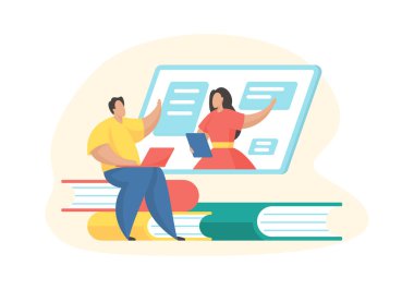 Çevrimiçi eğitim kursları. E-öğrenme konsepti. Erkek çizgi film karakteri kitapların üzerinde oturup kadın öğretmenle internette konuşuyor. Düz vektör illüstrasyonu