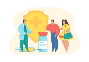 Aşı kampanyası. Doktor aşının yanında duruyor ve genç çifte aşıya olan ihtiyacını anlatıyor. Çift virüslerden aşı olmayı düşünüyor. Düz vektör illüstrasyonu