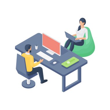 Kadın ve erkek ofiste bilgisayar kullanıyor.