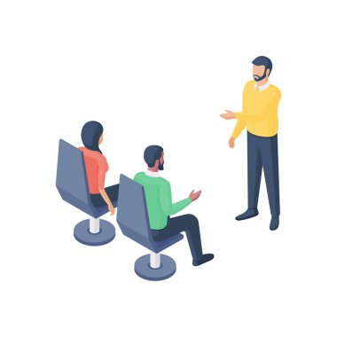 Patron ofiste çalışanlarla konuşuyor.