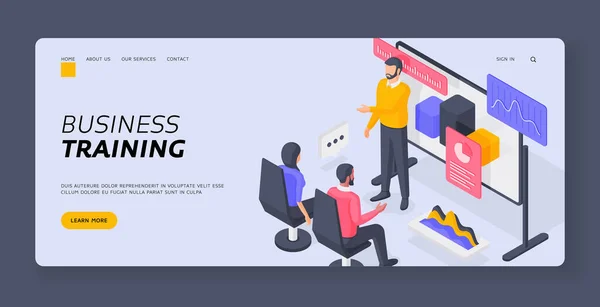 ビジネストレーニングバナーテンプレート ウェブサイトのバナーにチャートを提示するスピーカーを聞いているオフィスの従業員ビジネストレーニングの配置ベクトルイラスト — ストックベクタ