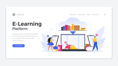 Online eğitim platformu iniş sayfası şablonu. Erkek ve kadın karakterler okuma ve dinleme uygulamaları.