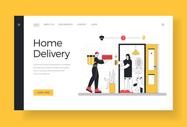 Eve teslim afişi şablonu. Kurye müşteriye pizza getiriyor.