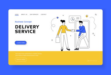 Kuryeye internetten sipariş veren kadın. Sancak şablonu