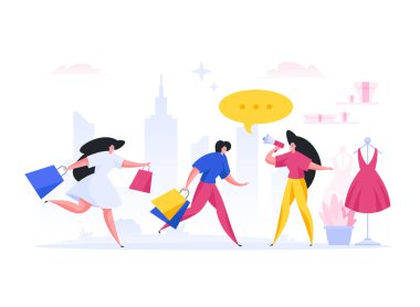 Yönetici kadınları mağazaya davet ediyor. Düz vektör illüstrasyonu