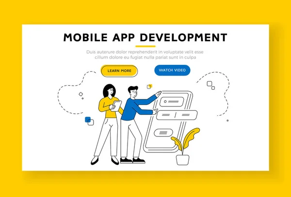 Modèle de bannière de développement d'applications mobiles. Illustration vectorielle d'art mensonger — Image vectorielle