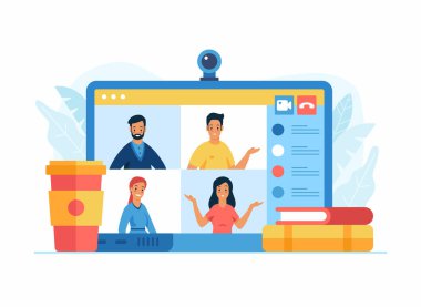 Telekonferans, webinar, iş arkadaşlarıyla internet üzerinden iletişim. Dizüstü bilgisayar ekranında görüntülü sohbet