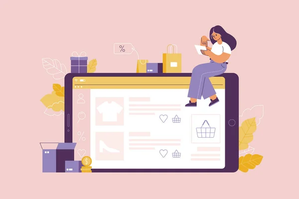 Mujer elige descuento de producto en la tienda en línea. Carácter femenino en busca de ventas en la aplicación web de teléfonos inteligentes — Vector de stock