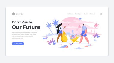 Çevre dostu gelecek iniş sayfası şablonu. Erkek ve kadın karakterler sahildeki çöpleri temizleyerek vakit kaybetmezler..