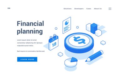 Modern izometrik tasarıma sahip mali planlama odaklı web sitesi