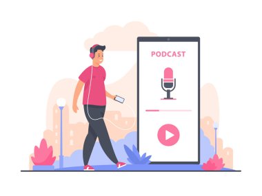Ses podcast konsepti çizimi. Adam şehirde dolaşıyor ve podcast kayıtlarını dinliyor.