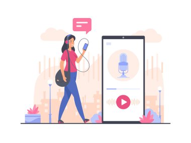 Ses podcast konsepti çizimi. Kadın şehirde dolaşıyor ve podcast kayıtlarını dinliyor.