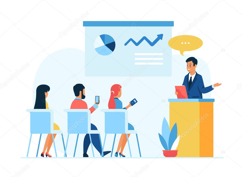 Business meeting. Seminar speaker doing presentation. Flat illustration