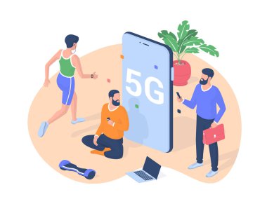 İnsanlar 5g izometrik vektör kullanarak çevrimiçi iletişim kuruyor. Akıllı telefonlu erkek karakterler yeni ağ bağlantı hızını test ediyor.