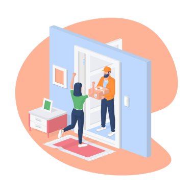 Eve servis izometrik vektör illüstrasyonunu ekspres yap. Kadın karakter mutlu bir şekilde sipariş edilen paketi selamlıyor.