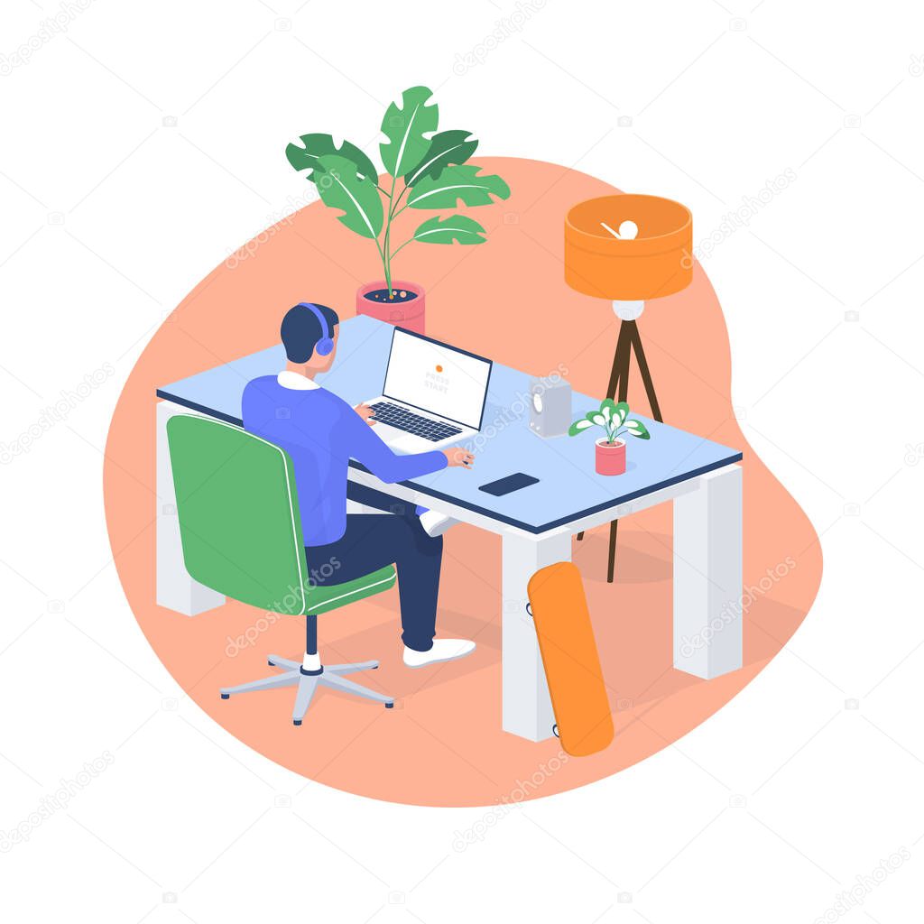 Man working laptop at home isometric illustration. Male character in headphones sitting at modern white table.