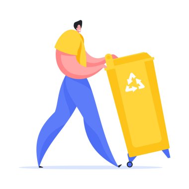 Çöp tenekesi çizimi taşıyan bir adam. Sarı tişörtlü ve mavi pantolonlu memnun erkek karakter büyük çöp kutusunu hareket ettiriyor..