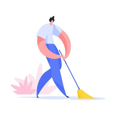 Adam sokak resimlerini süpürüyor. Beyaz gömlekli ve çırpılmış mavi pantolonlu erkek karakter kaldırımı temizliyor..