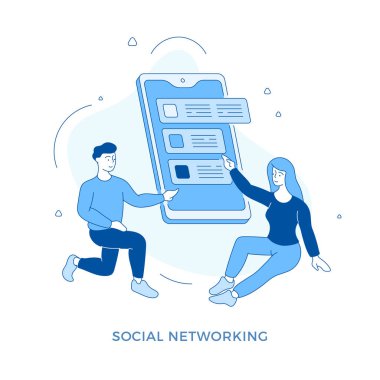 Doğrusal düz sosyal ağ iletişim konsepti çizimi. Mesajlaşma için akıllı telefon kullanan çift