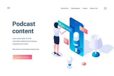 Podcast içeriği. Isome 'ın iniş sayfası şablonu. Podcast canlı yayında. Vektör illüstrasyonu
